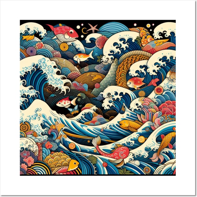 The Sea Waves and Colorfull Fish in Japanese Wall Art by Mayzarella